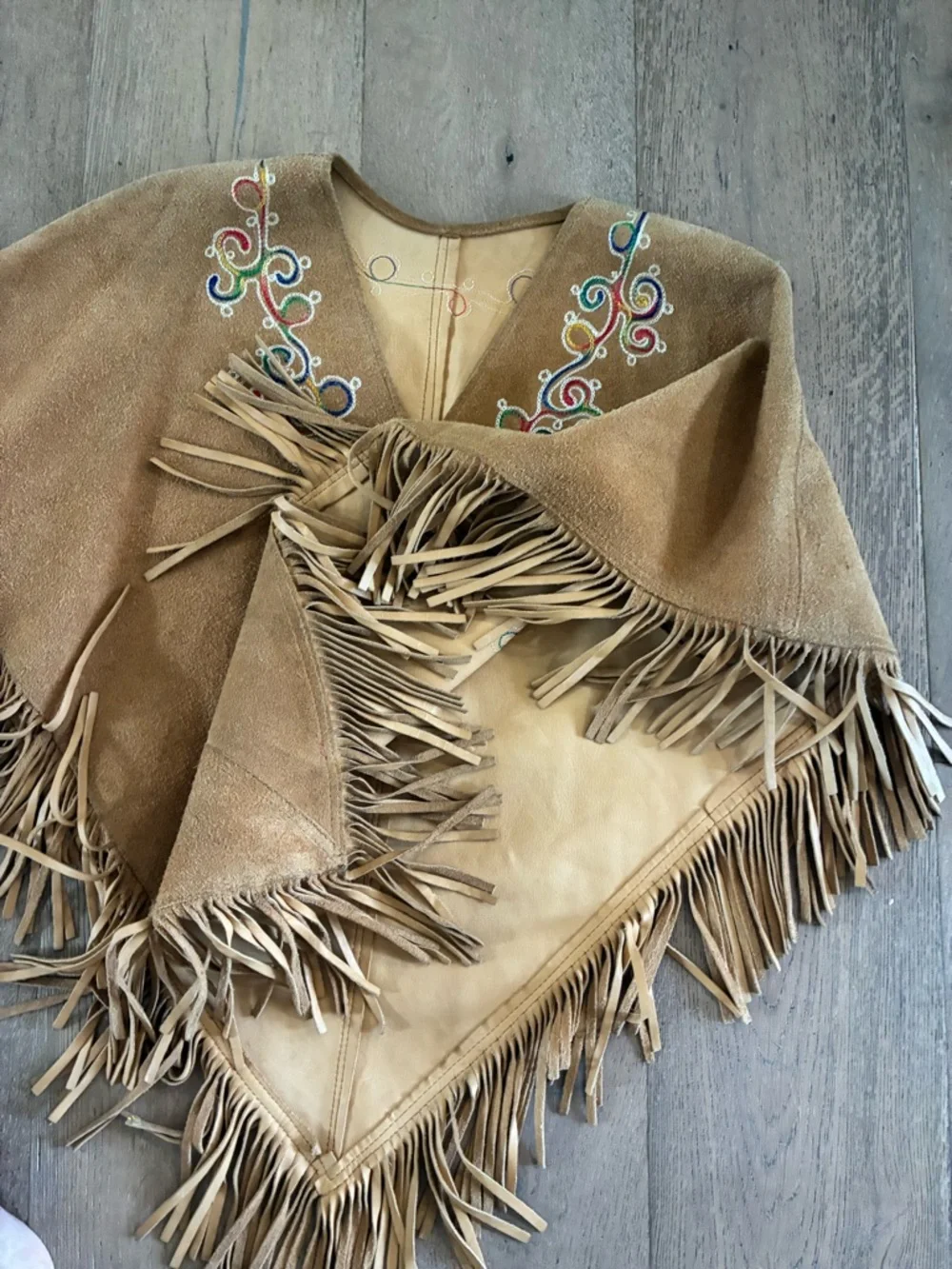 Fringed Suede Embroidered Poncho in Tan